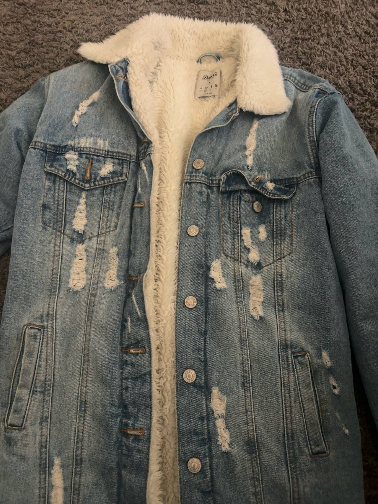 Zara Distressed Sherpa Lined Denim Jacket Blue