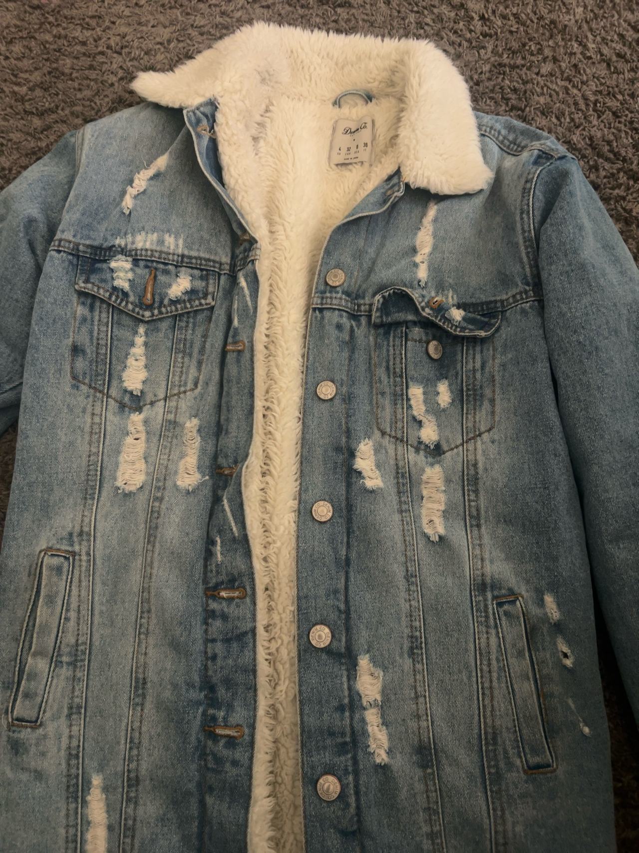 Zara Distressed Sherpa Lined Denim Jacket Blue