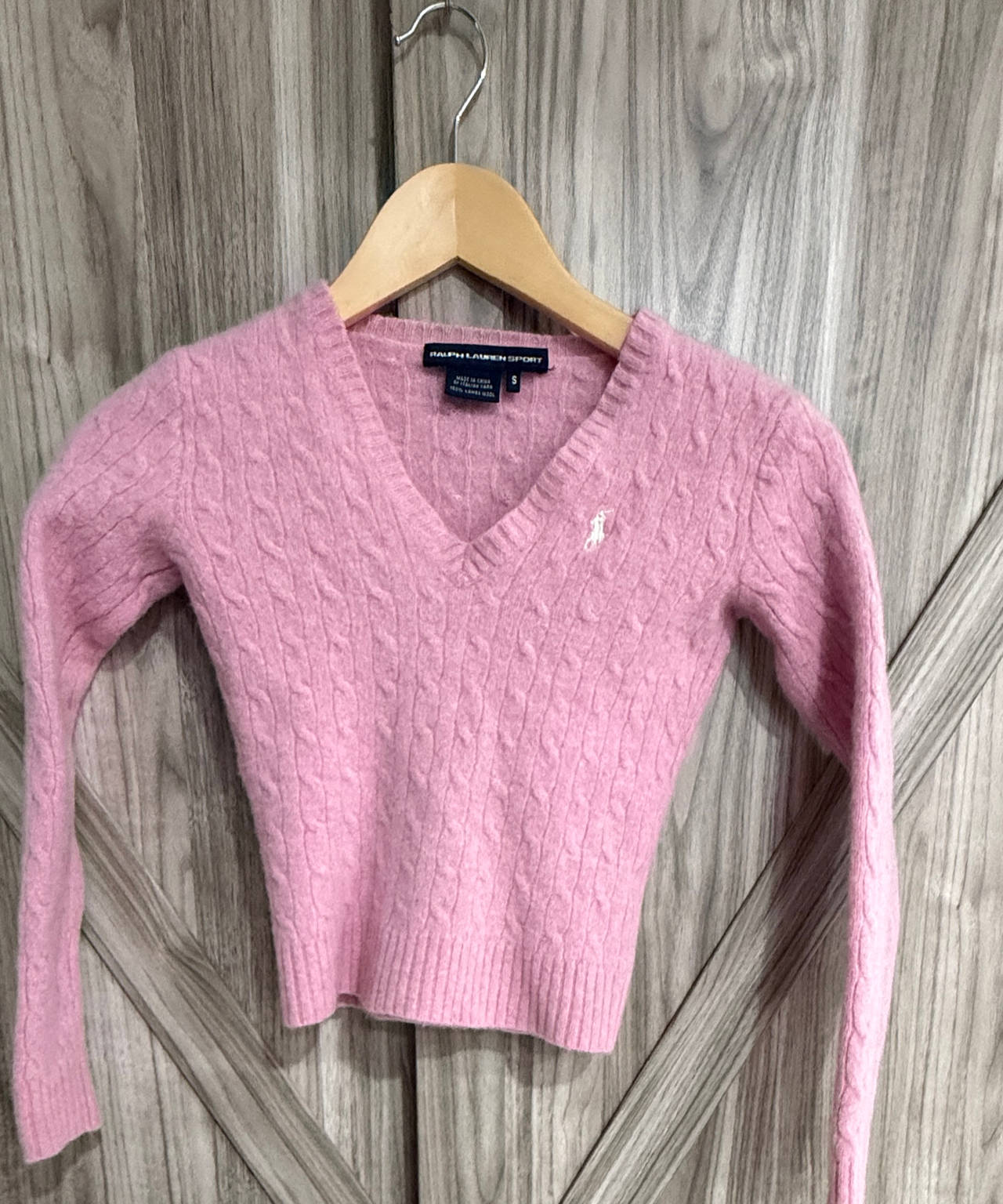 Ralph Lauren Sport Pink Cable Knit V-Neck Sweater size Small