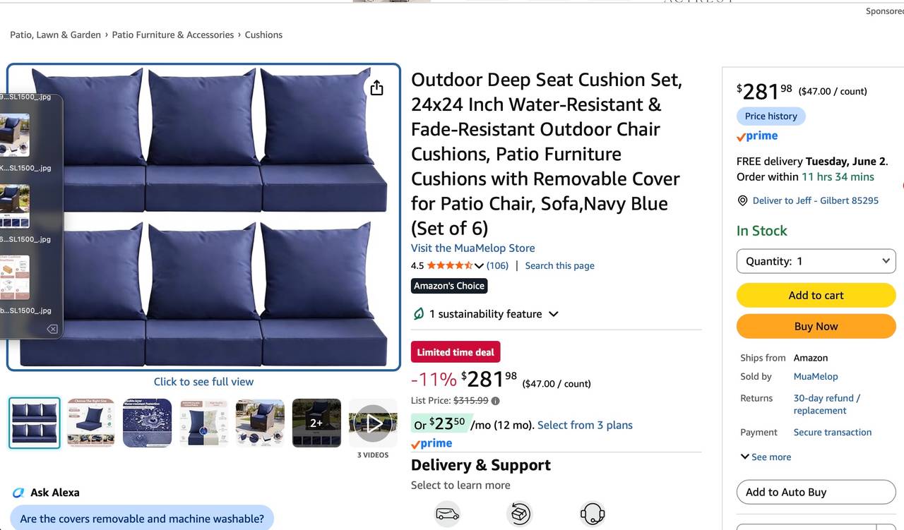 Outdoor Deep Seat Cushion Set, 24x24 Inch Navy Blue (Set of 6) BRAND NEW