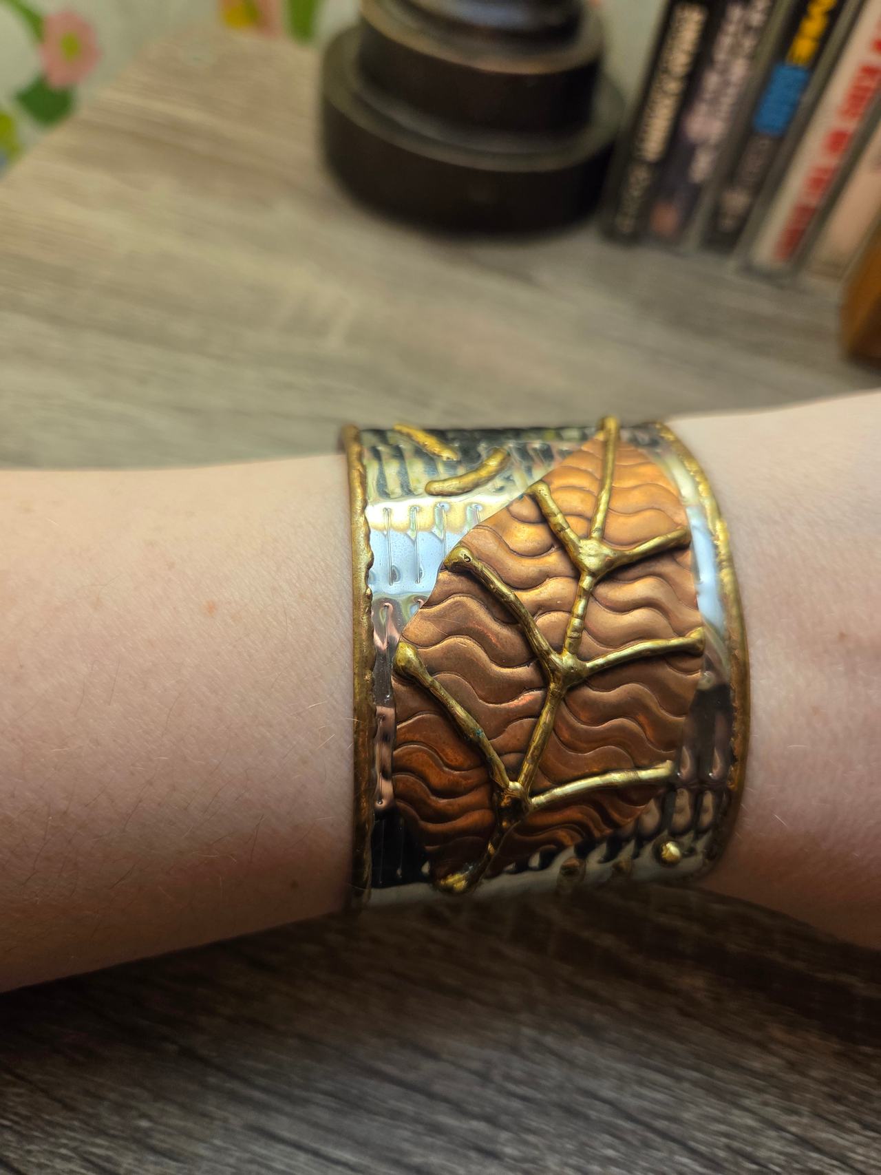 Handmade Mixed Metal Leaf Cuff Bracelet