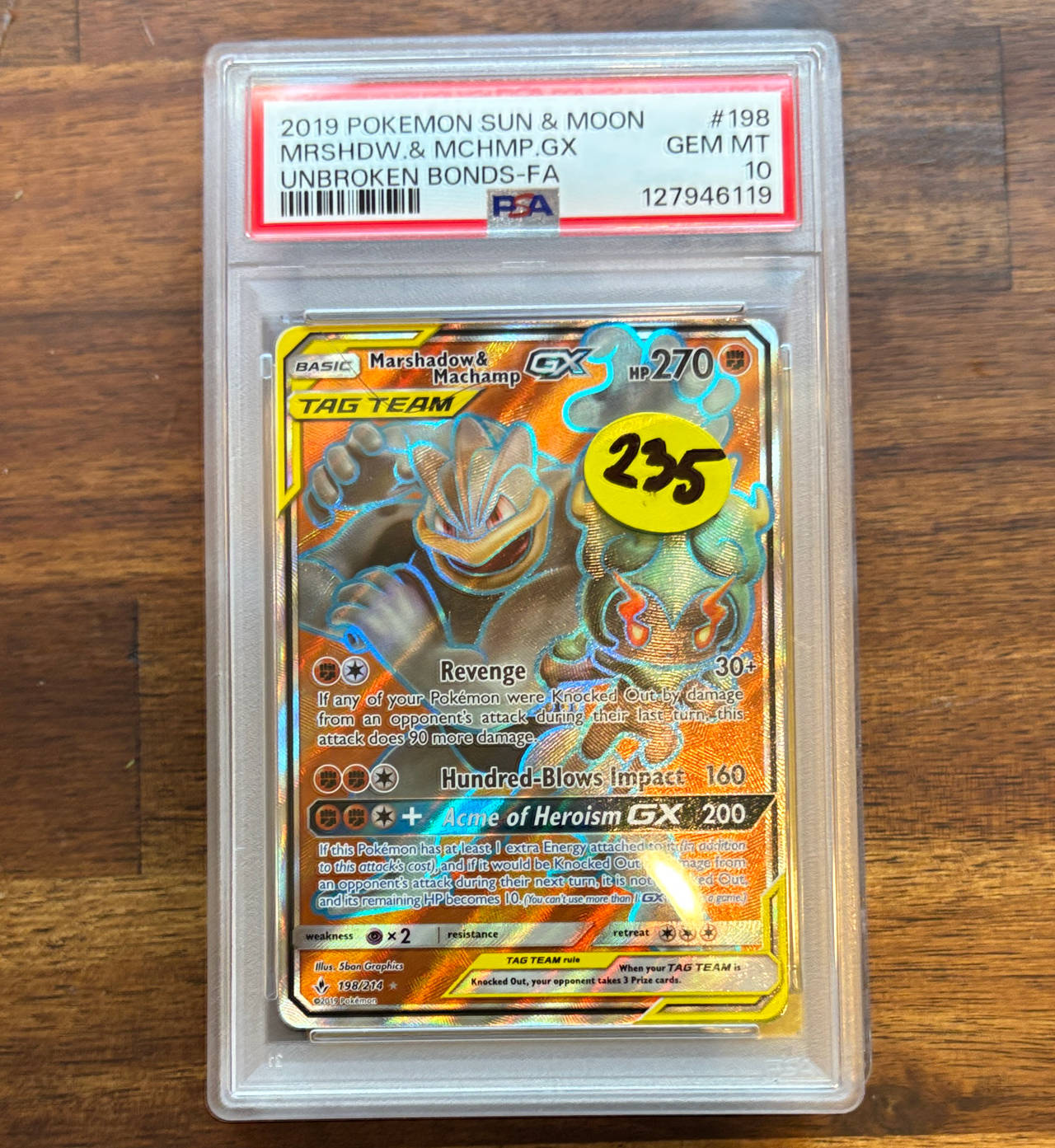 2019 Pokemon Sun & Moon Unbroken Bonds Marshadow & Machamp GX Full Art #198 PSA 10