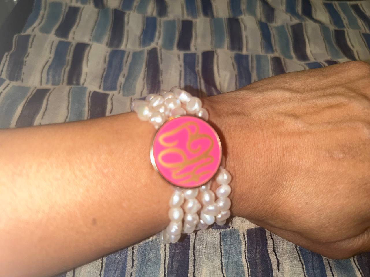 Natural 4-Strand Baby Pearl Bracelet With Hot Pink and Gold Monogram “KCJ”