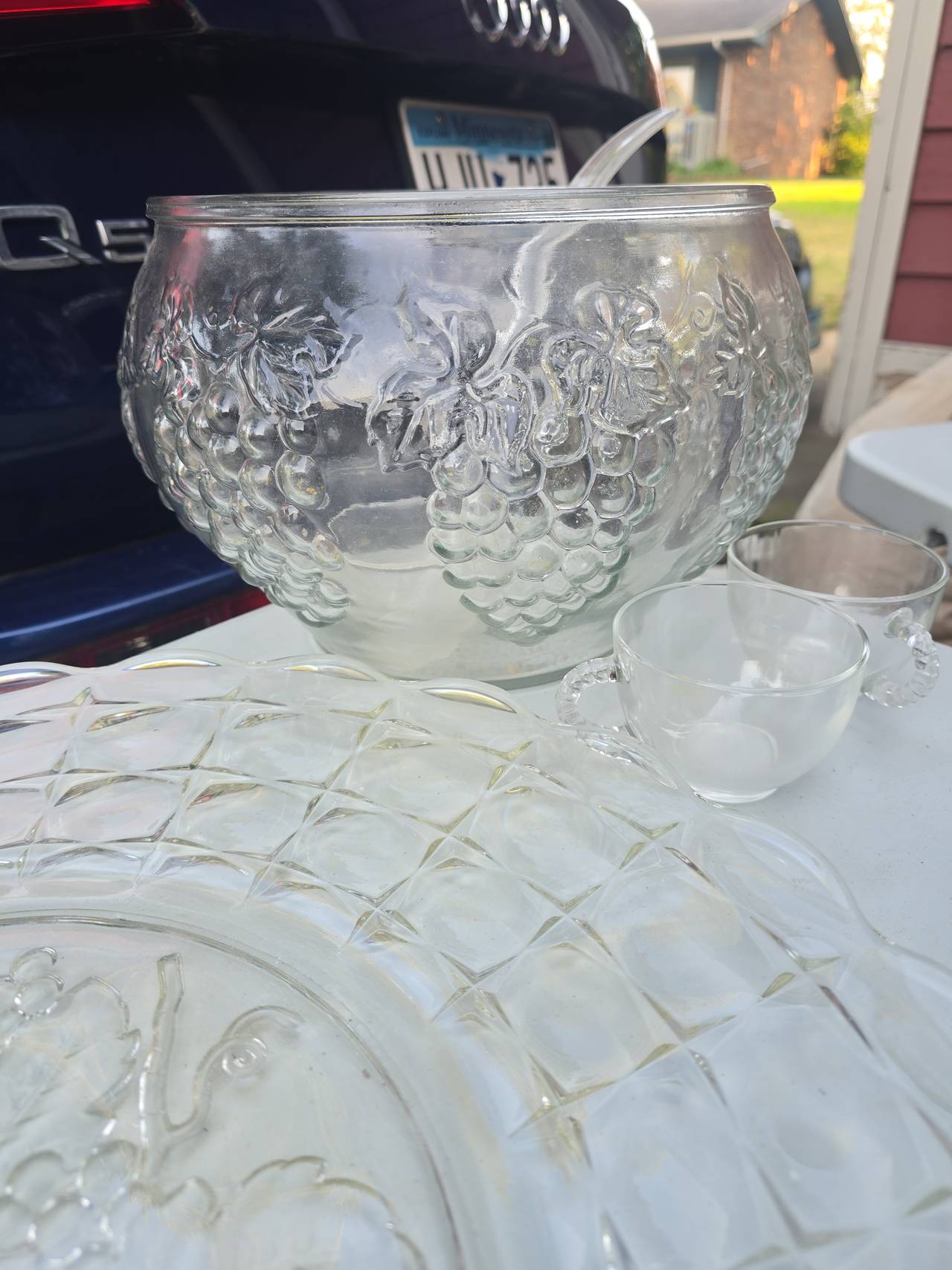 Vintage Grape Pattern Glass Punch Bowl Set with Platter and Cups