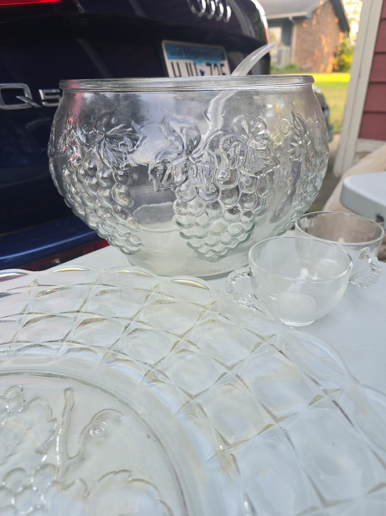 Vintage Grape Pattern Glass Punch Bowl Set with Platter and Cups
