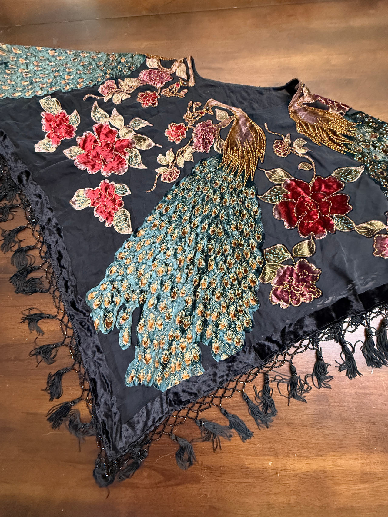 Vintage Style Embroidered/beaded Peacock Velvet Fringe poncho