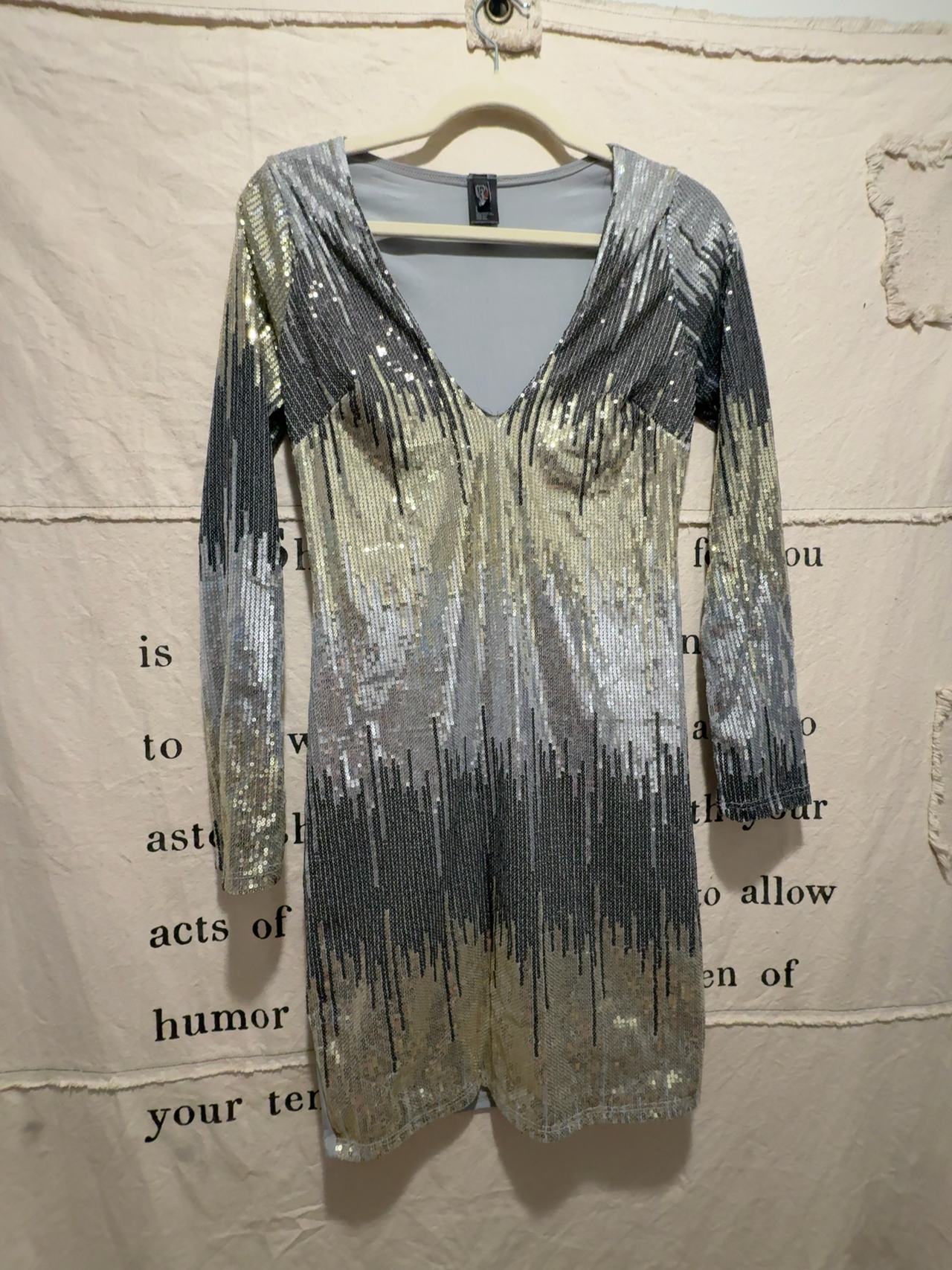 Forplay Black, Gold and Silver Sequin Long Sleeve Mini Dress