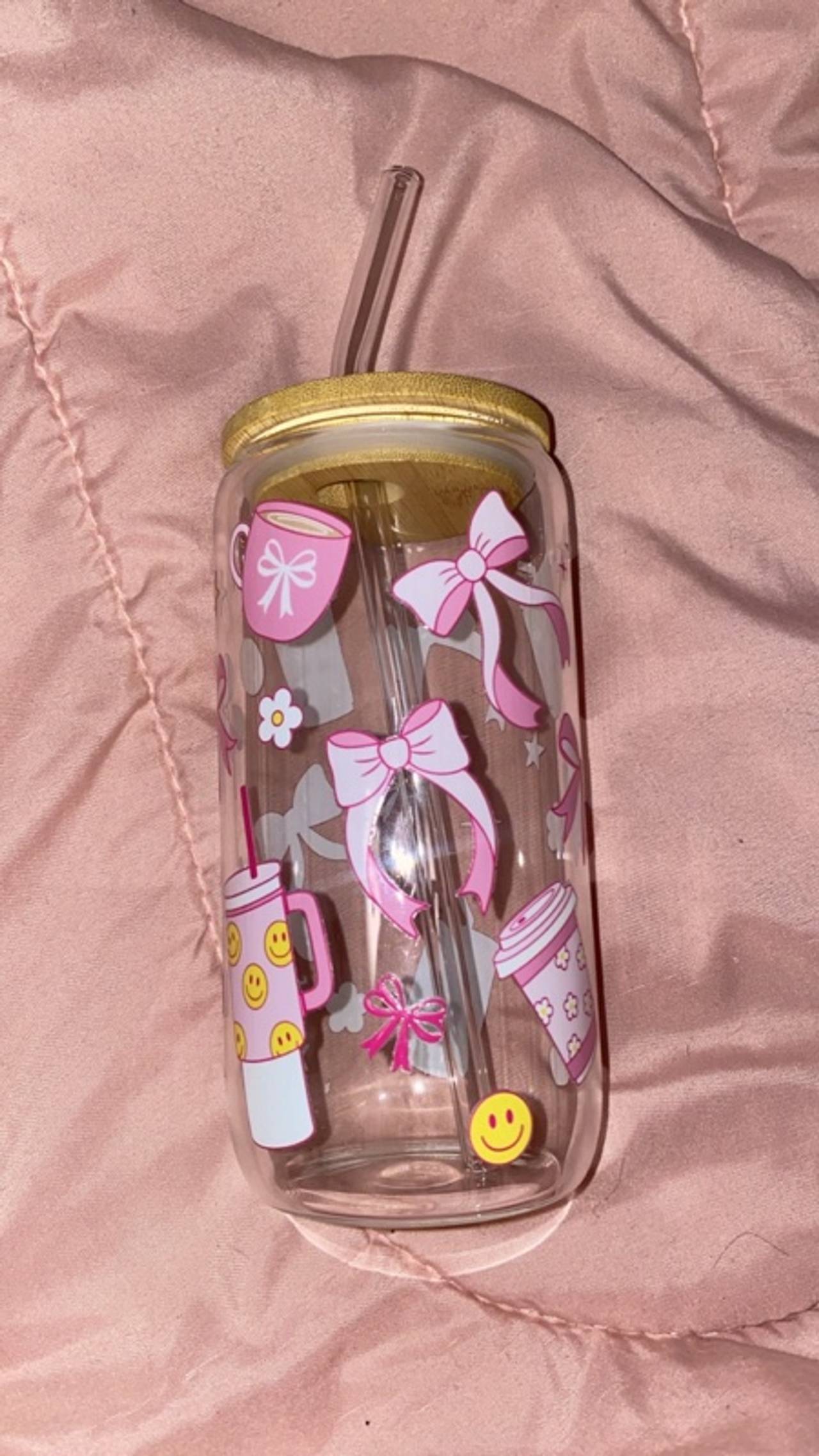 Bajon Beauty Smiles and Bows Pink Glass Cup 16oz