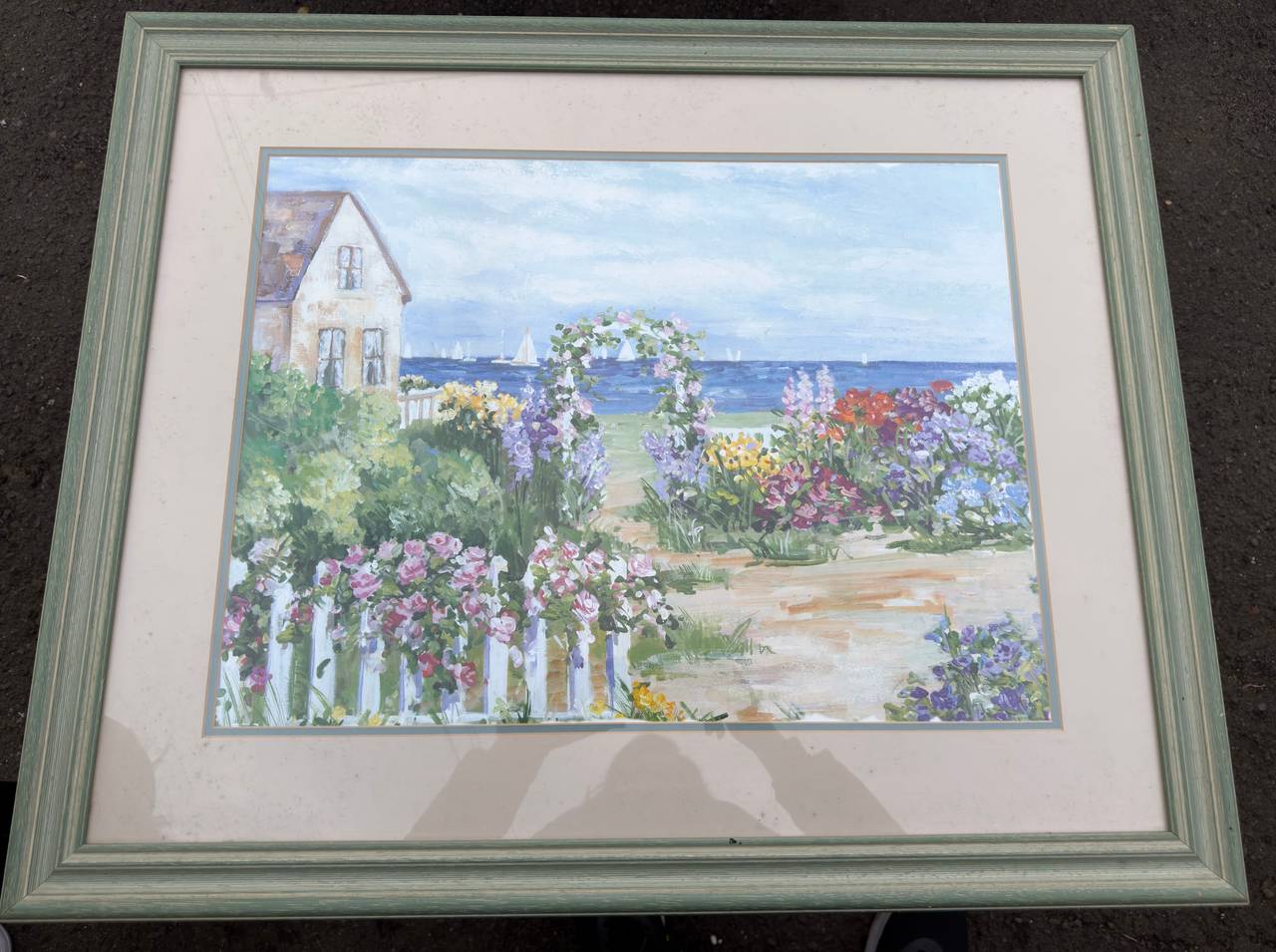 Coastal Garden Beach Cottage Framed Wall Art Floral Ocean Scene Painting 27x33