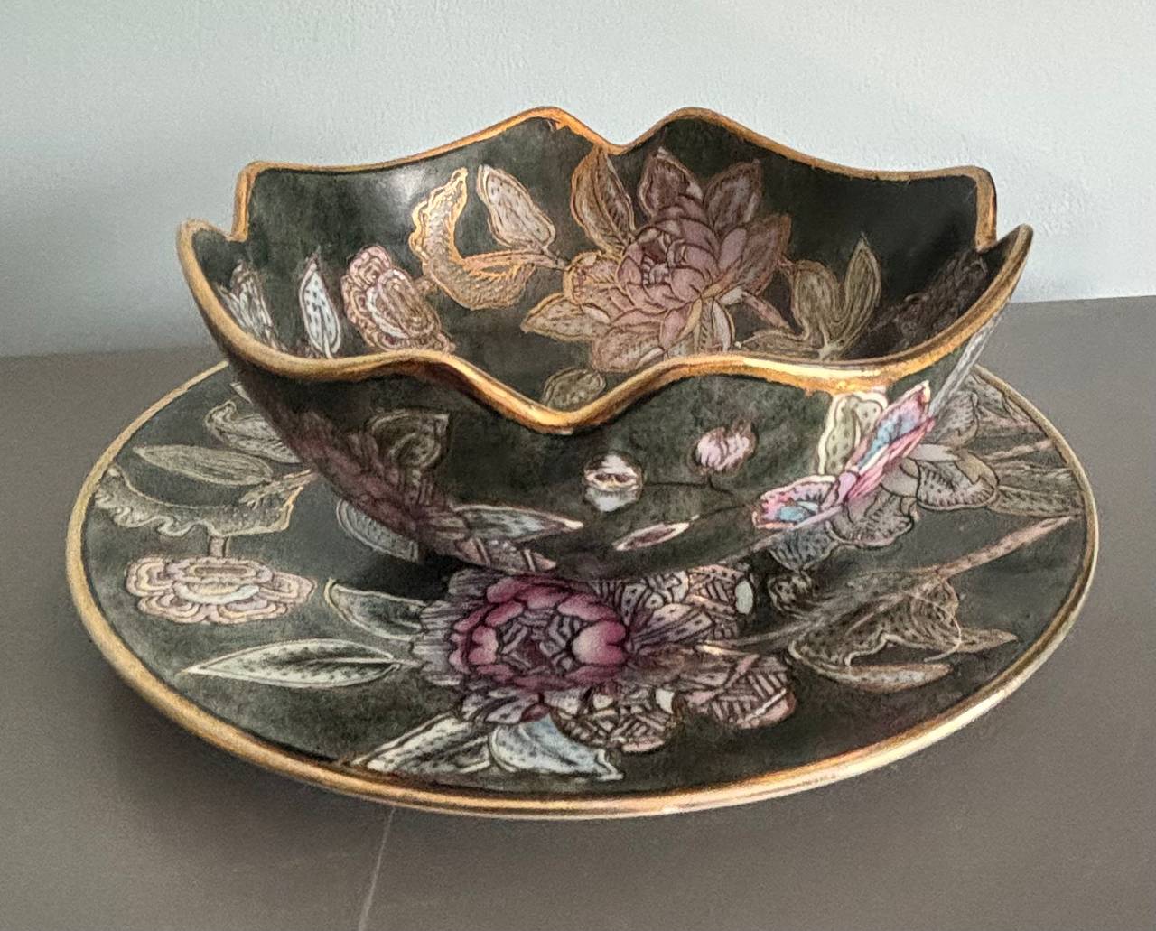 Vintage Chinoiserie Floral Bowl and Plate Set
