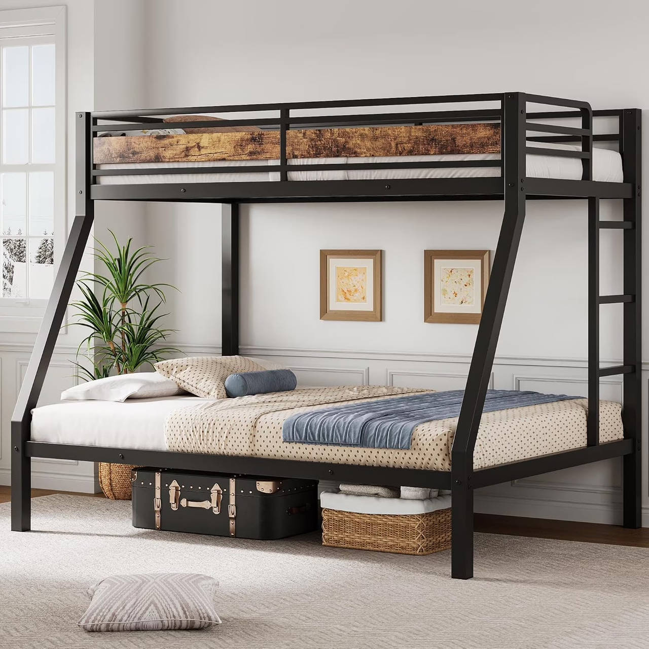 Twin over Full Metal Bunk Bed with Rustic Wood Guardrail