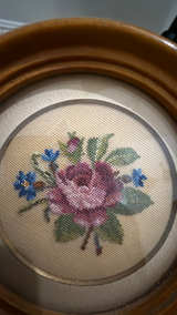 Vintage Floral Needlepoint Round Wooden Framed Wall Art Set of 2 - Image 4