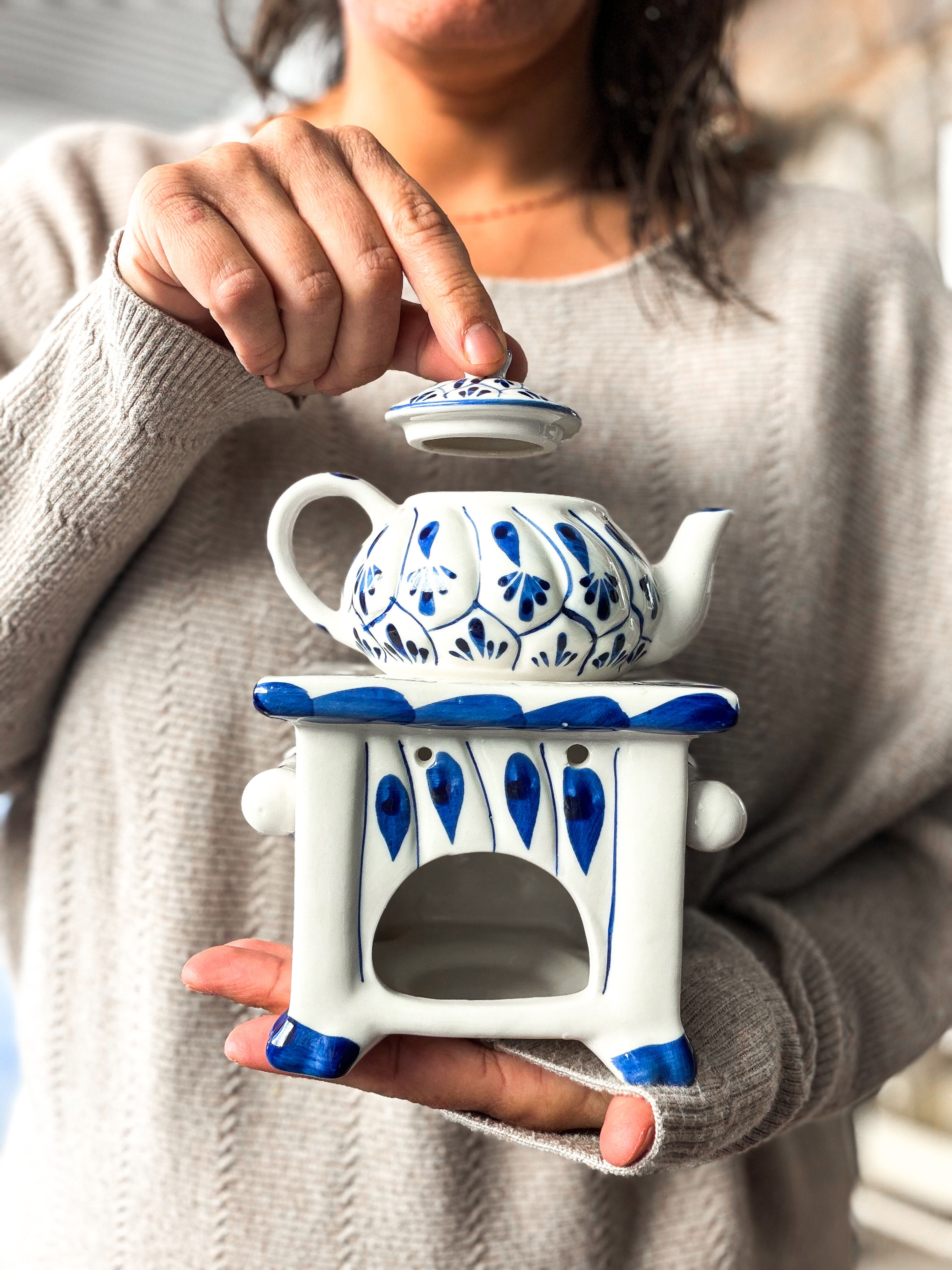 Talavera Blue and White Teapot with Essential Oil Warmer Base