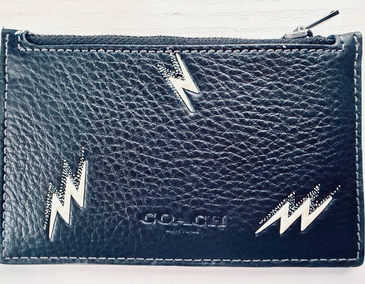 Coach Black Leather Zip Card Case with Lightning Bolt Print