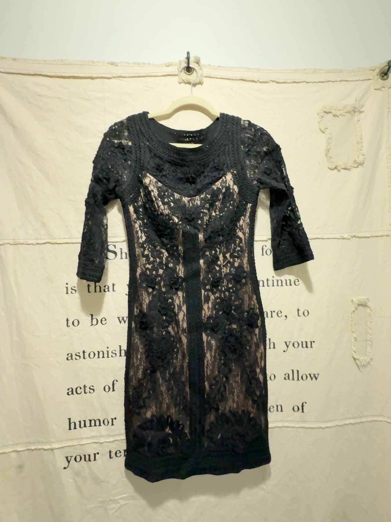 Sue Wong Black Lace Cocktail Dress with Beige Lining