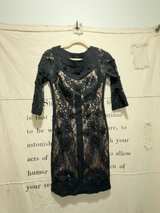 Sue Wong Black Lace Cocktail Dress with Beige Lining - Image 1