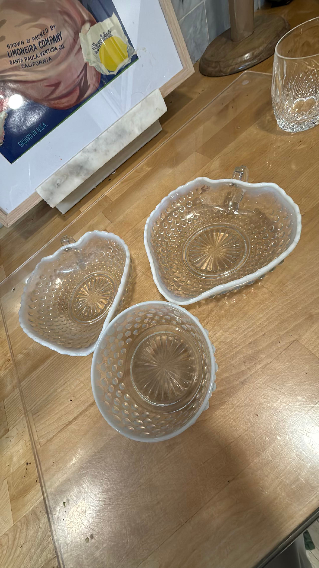 Lot of 3: Anchor Hocking Hobnail Moonstone Bowls:  4.5" and 2 leaf shaped bowls