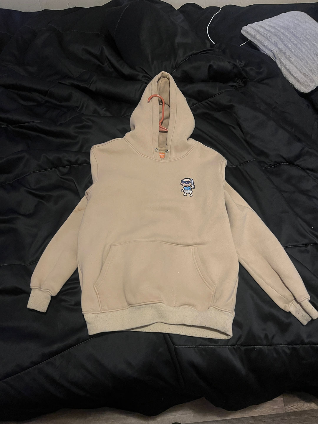 Beige Hoodie with Cartoon Embroidery