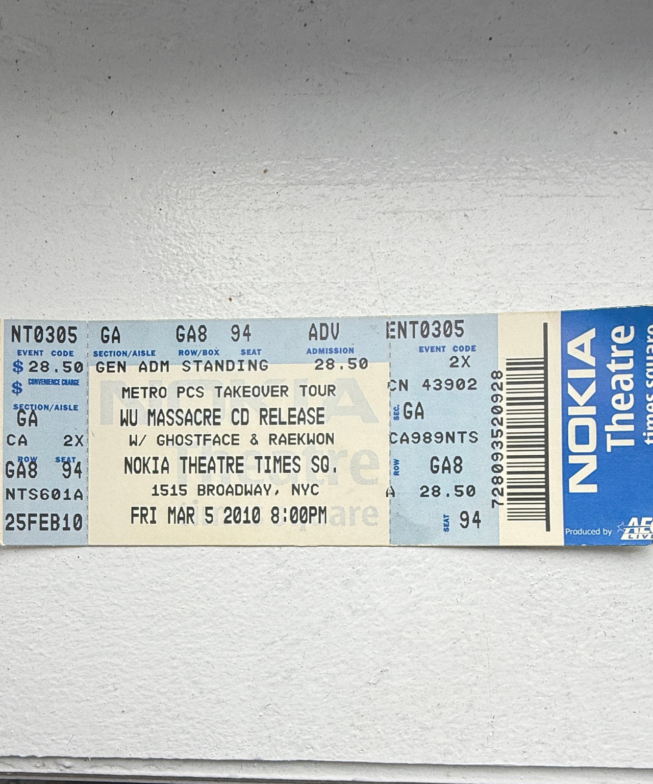 Wu Massacre CD Release Concert Ticket - Nokia Theatre Times Square 2010