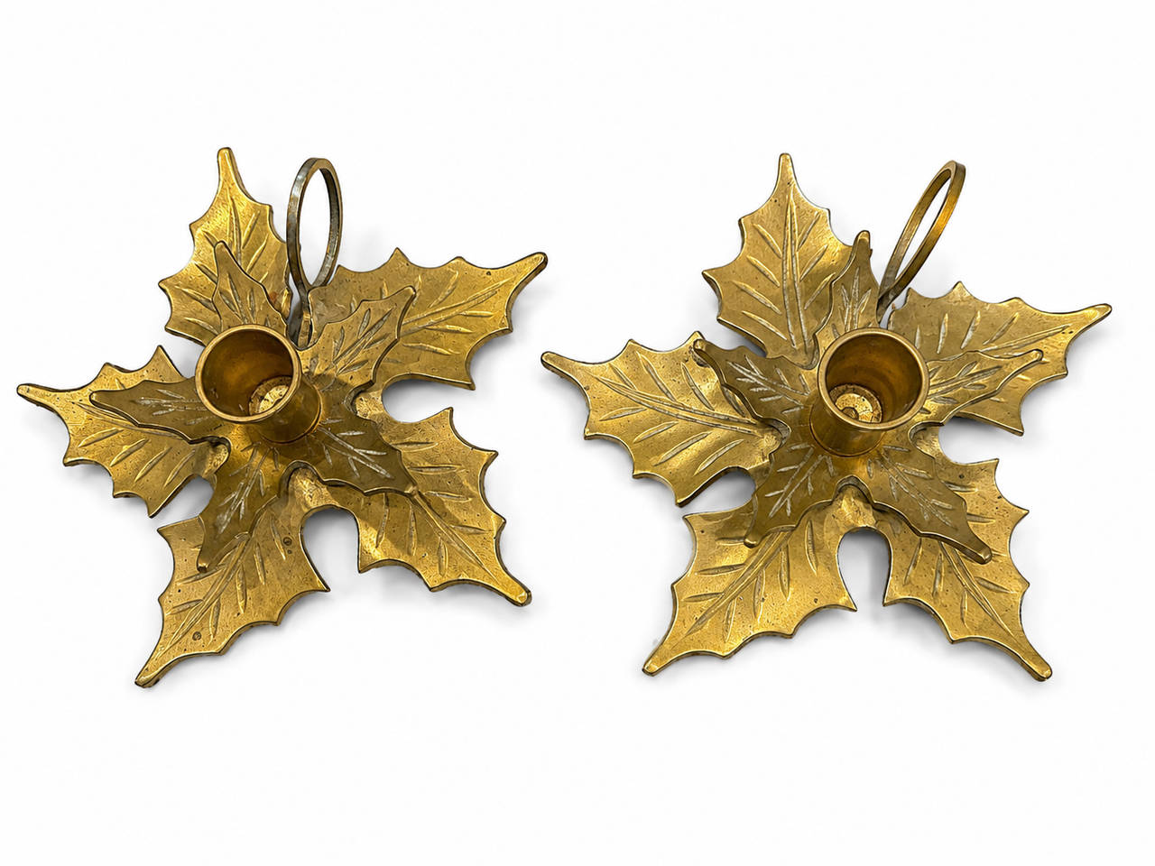 Vintage Brass Holly Leaf Candle Holders
