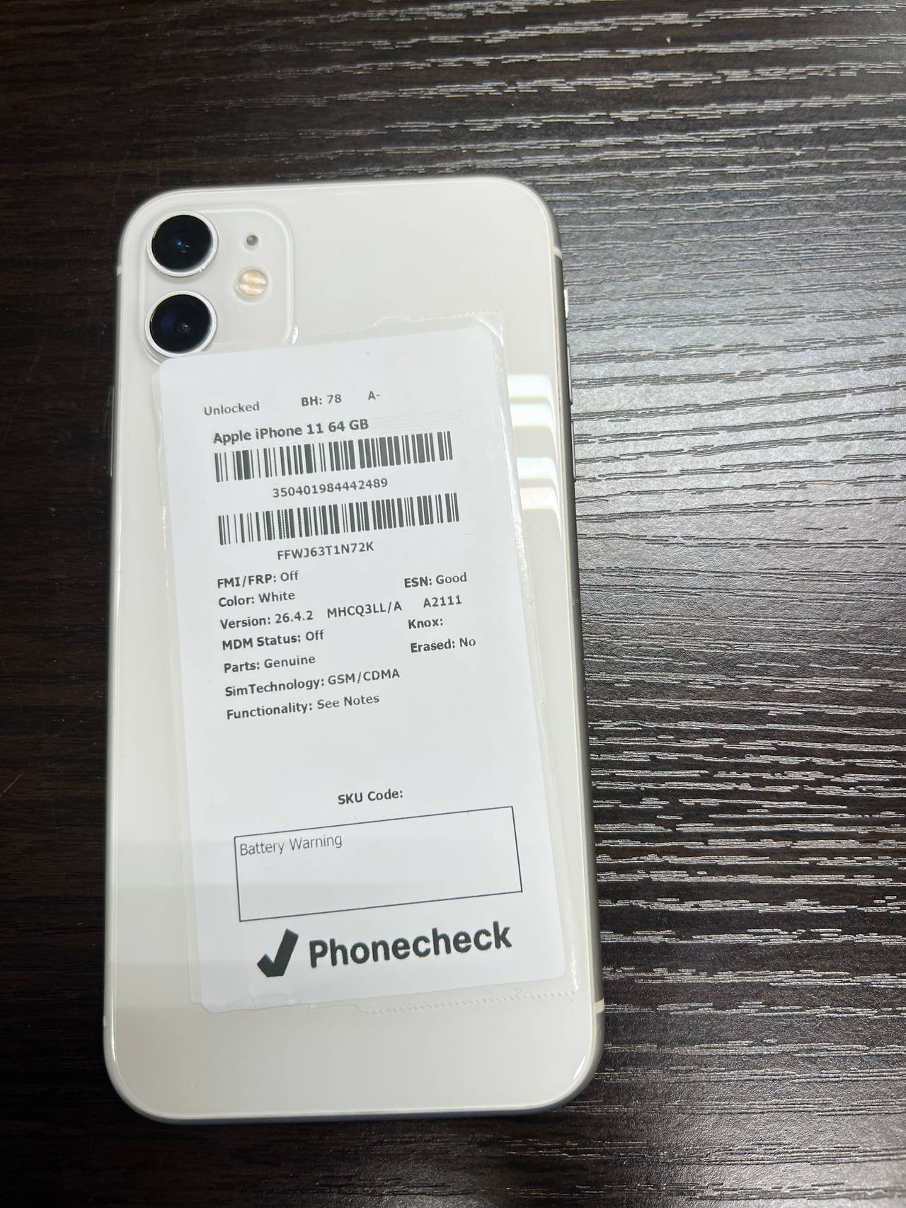 Apple iPhone 11 64GB White Unlocked BH 78 A-
