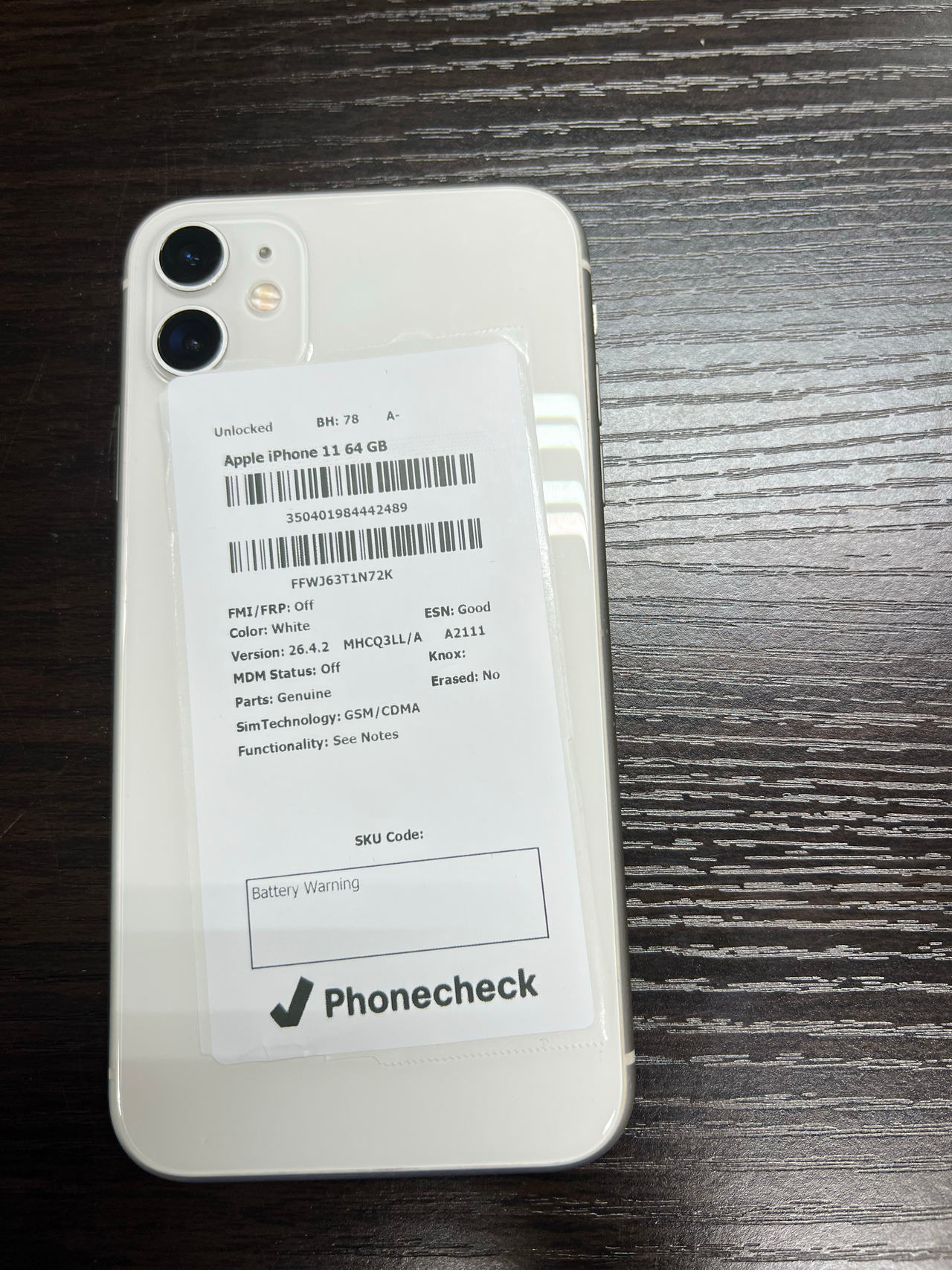 Apple iPhone 11 64GB White Unlocked BH 78 A-