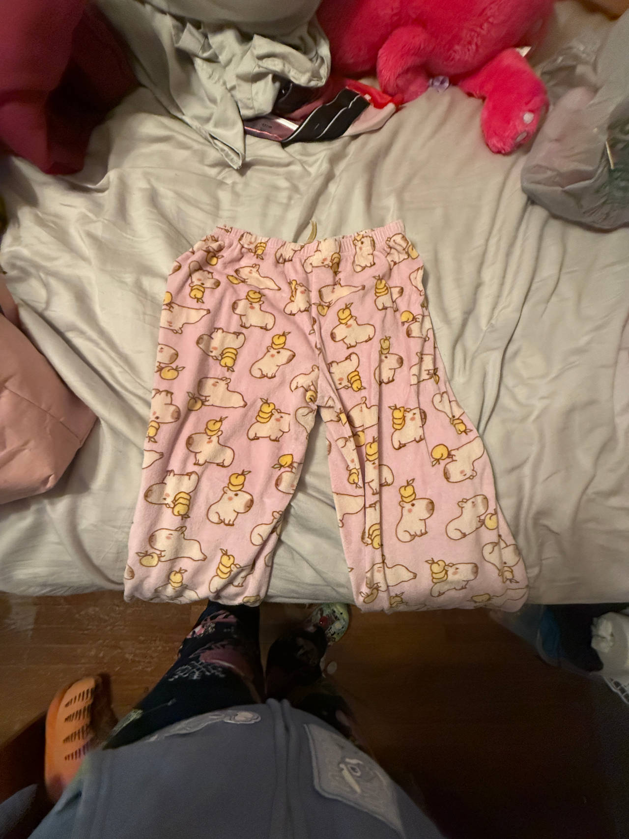 Pink Pajama Pants with Cartoon Capybara Print 