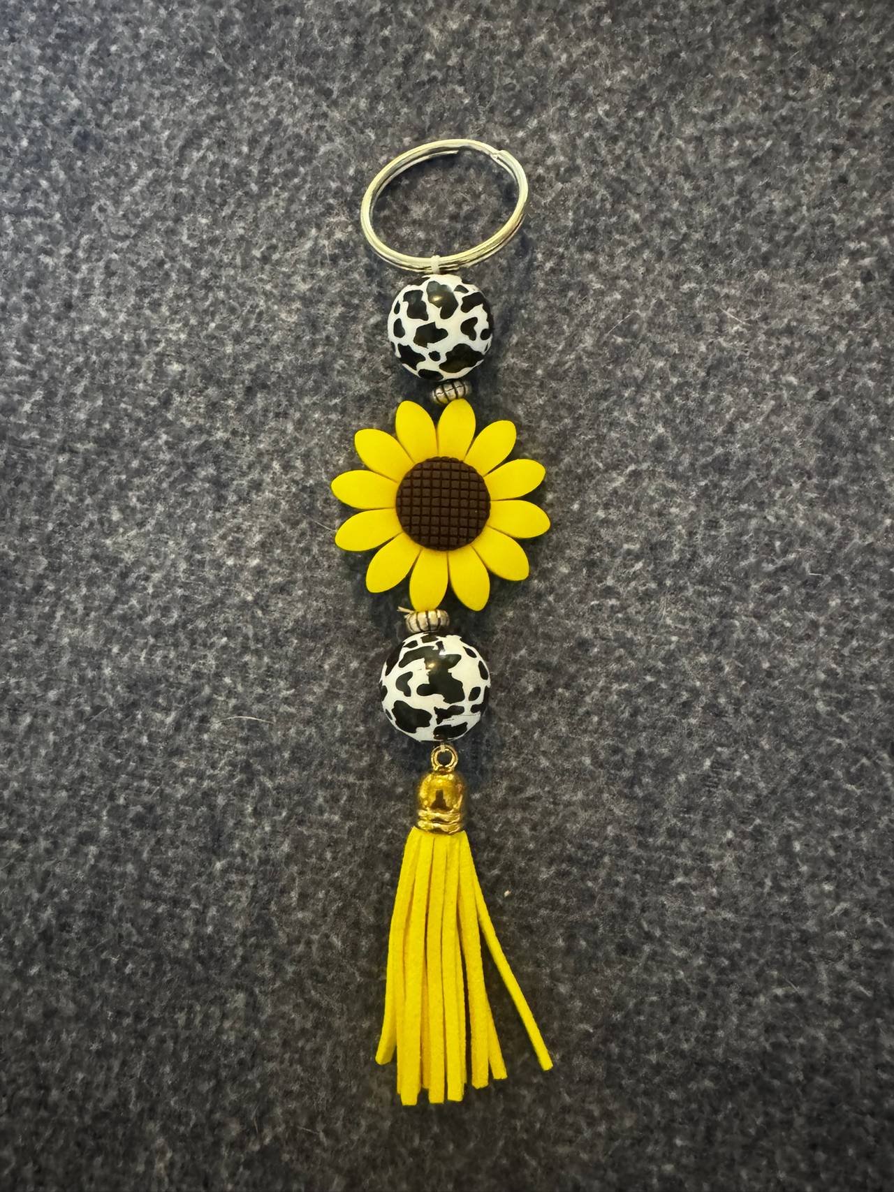 Sunflower and Cow Print Silicone Bead Keychain with Tassel