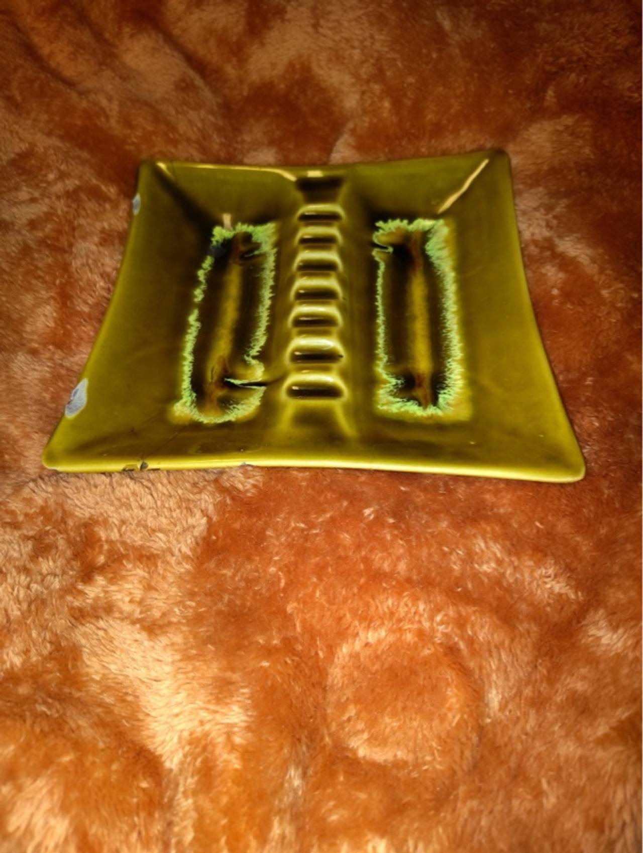 Mid-Century Modern Olive Green Ceramic Ashtray