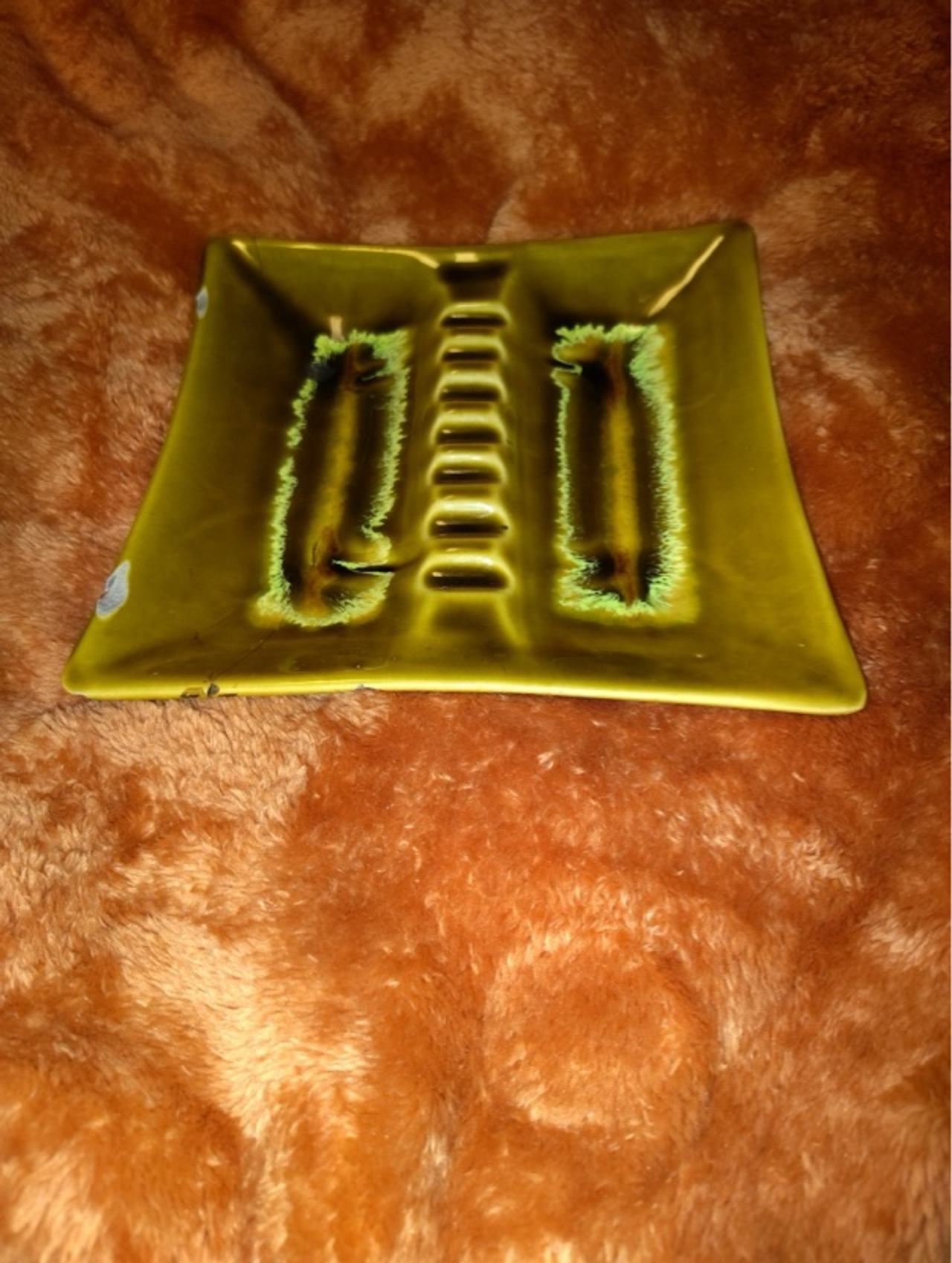 Mid-Century Modern Olive Green Ceramic Ashtray