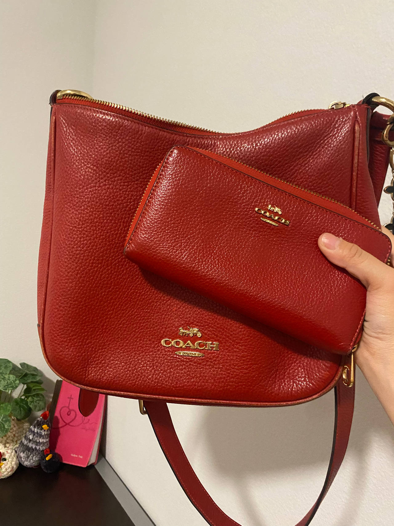 Coach Elle Hobo Bag and Wallet Set in Red Pebbled Leather