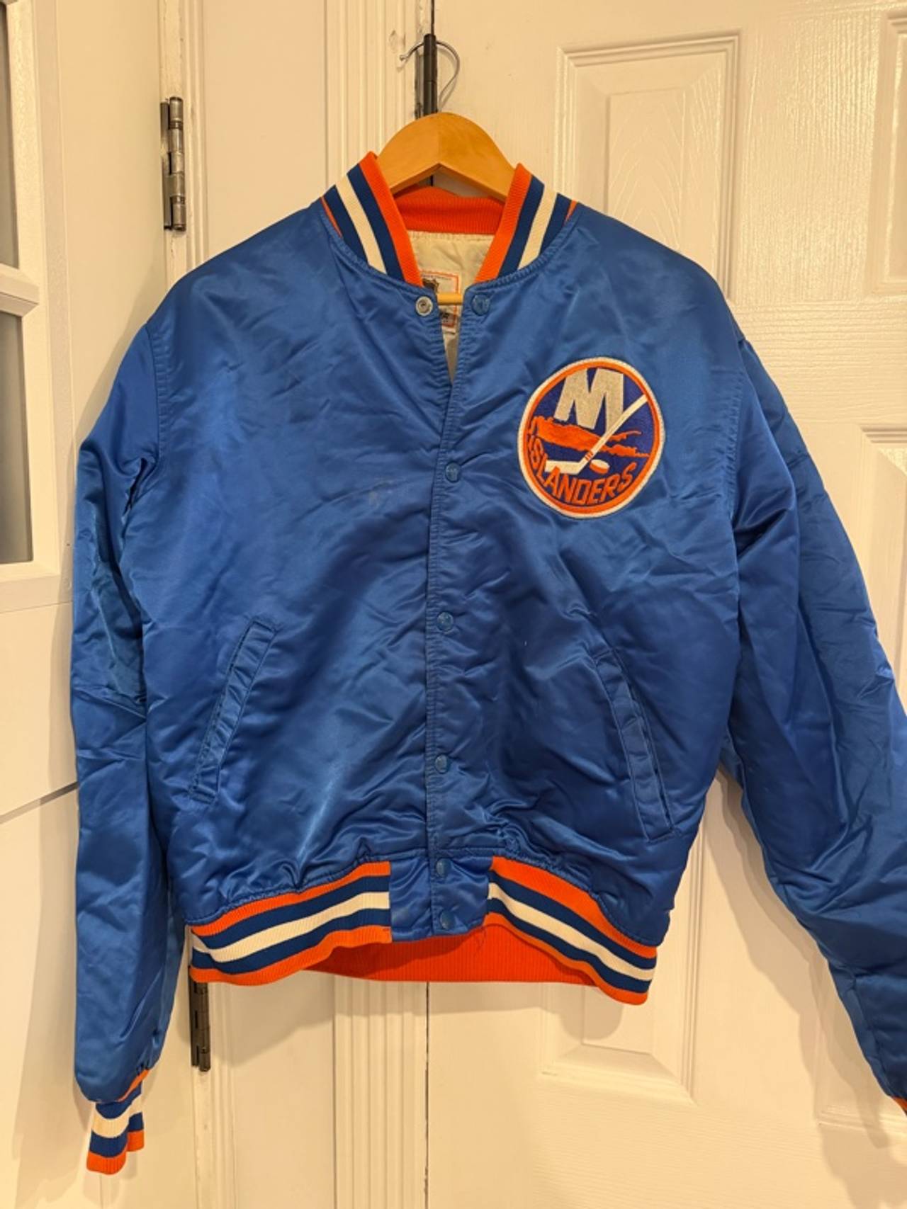 Starter New York Islanders Satin Bomber Jacket Blue Large