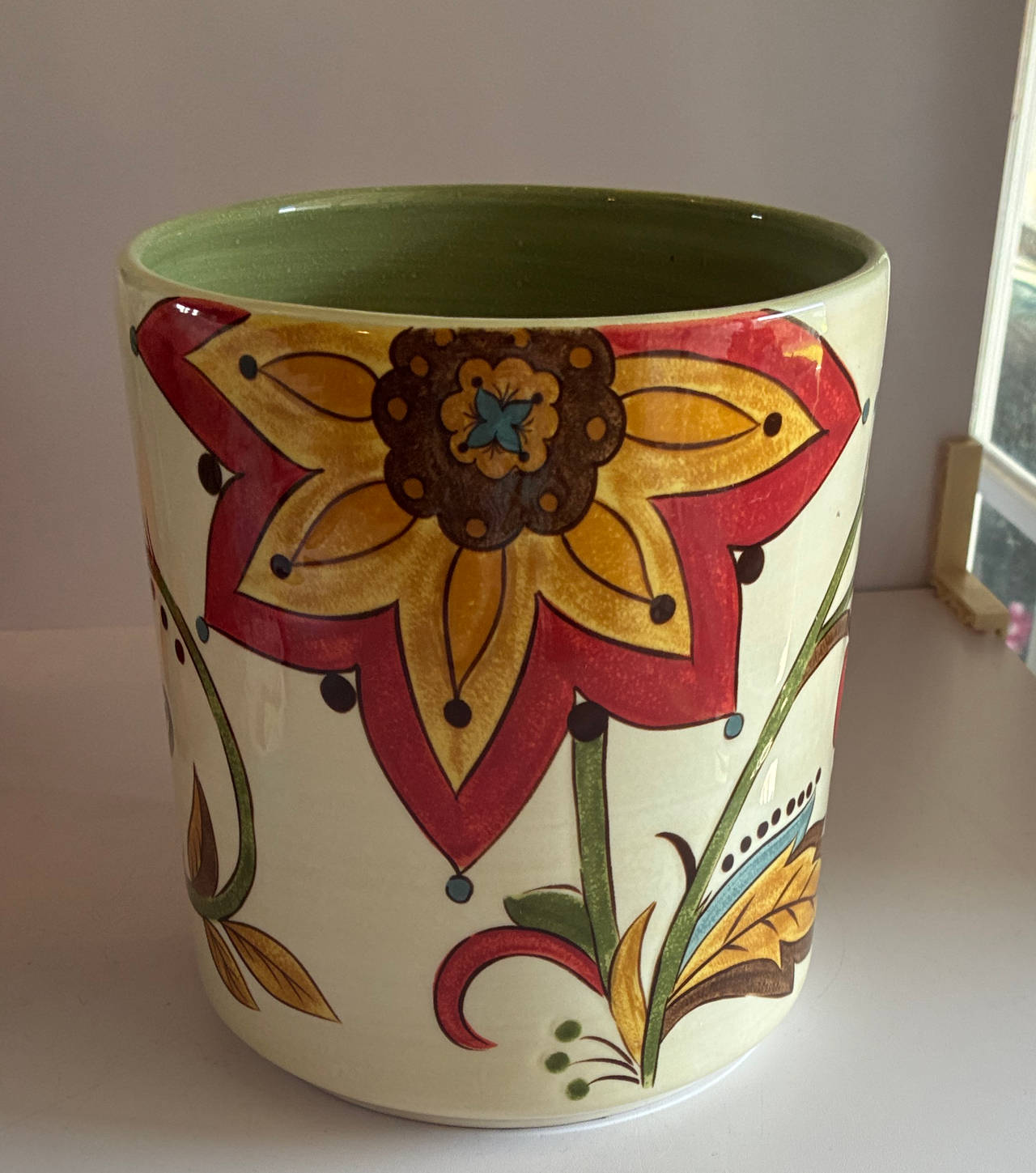 Hand-Painted Floral Ceramic Planter/Crock