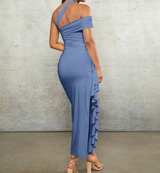 One Shoulder Ruched Ruffle Trim Maxi Dress - Image 2