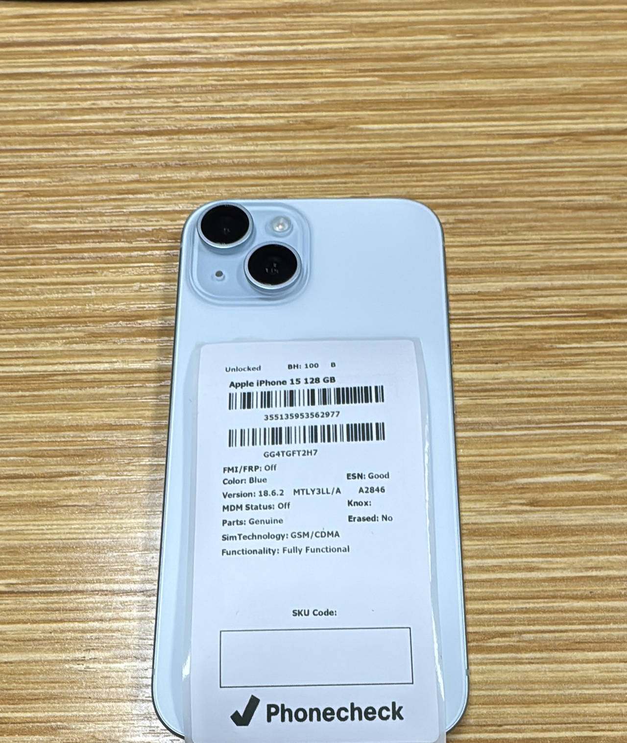Apple iPhone 15 128GB Blue Unlocked 100% Battery Health