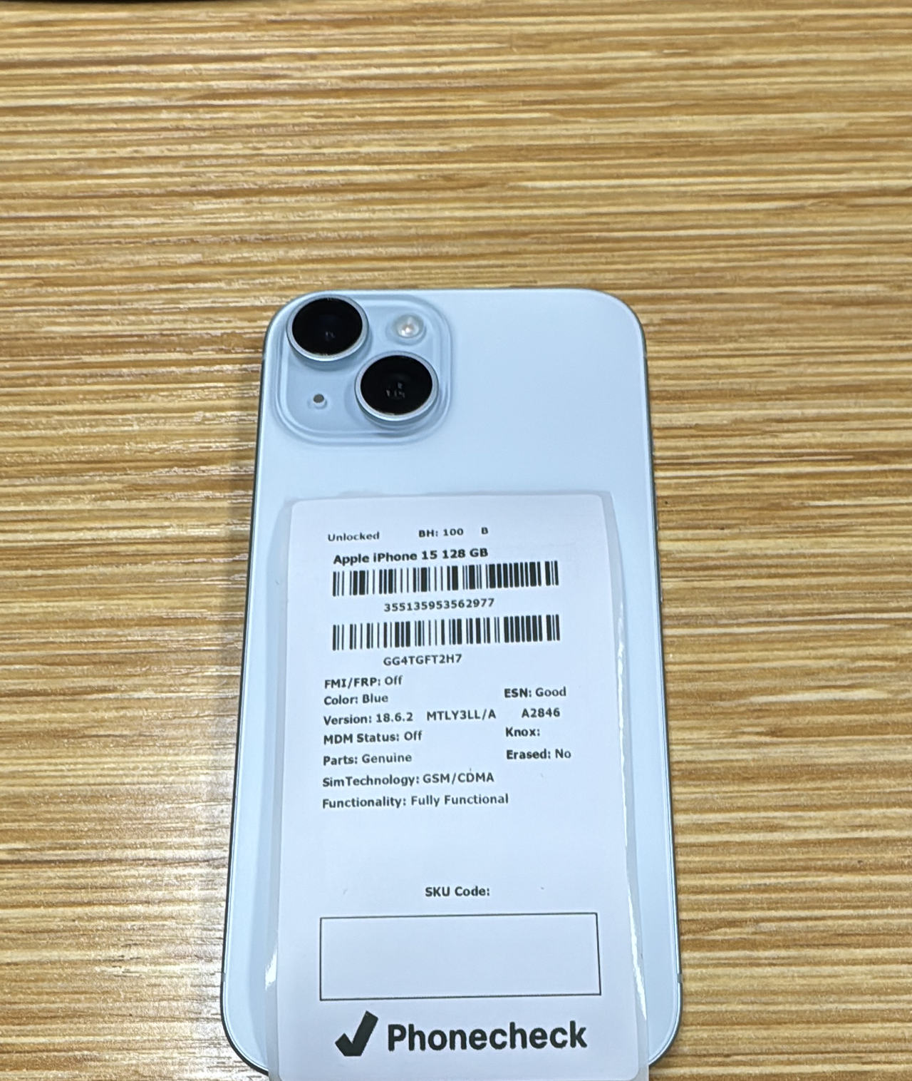 Apple iPhone 15 128GB Blue Unlocked 100% Battery Health