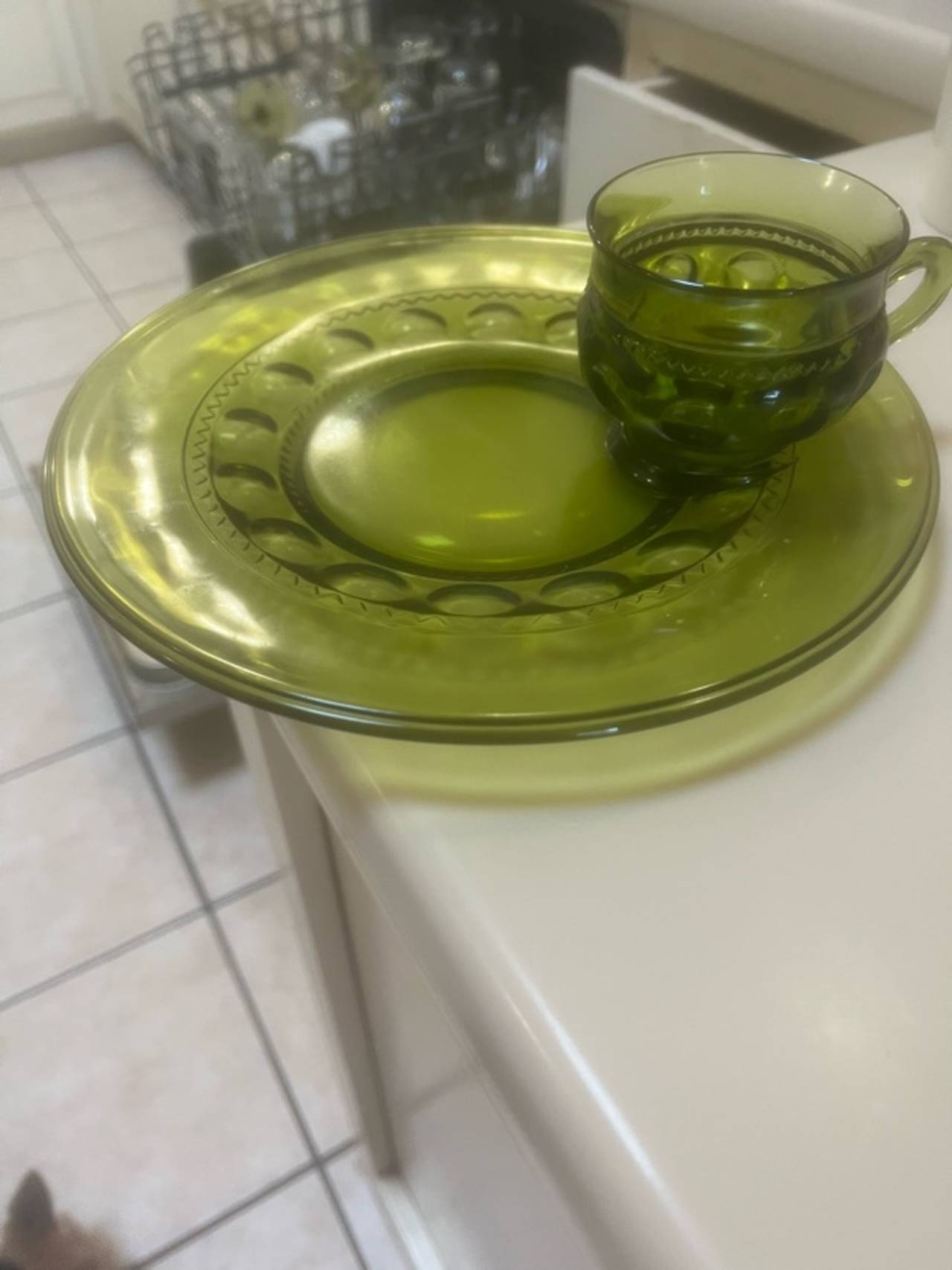 Indiana Glass Kings Crown Green Snack Plate & Cup Set of 4