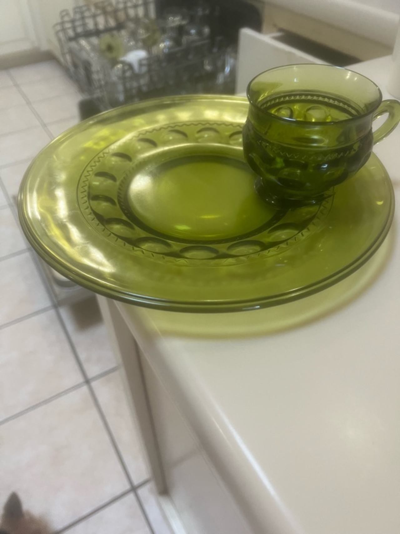 Indiana Glass Kings Crown Green Snack Plate & Cup Set of 4