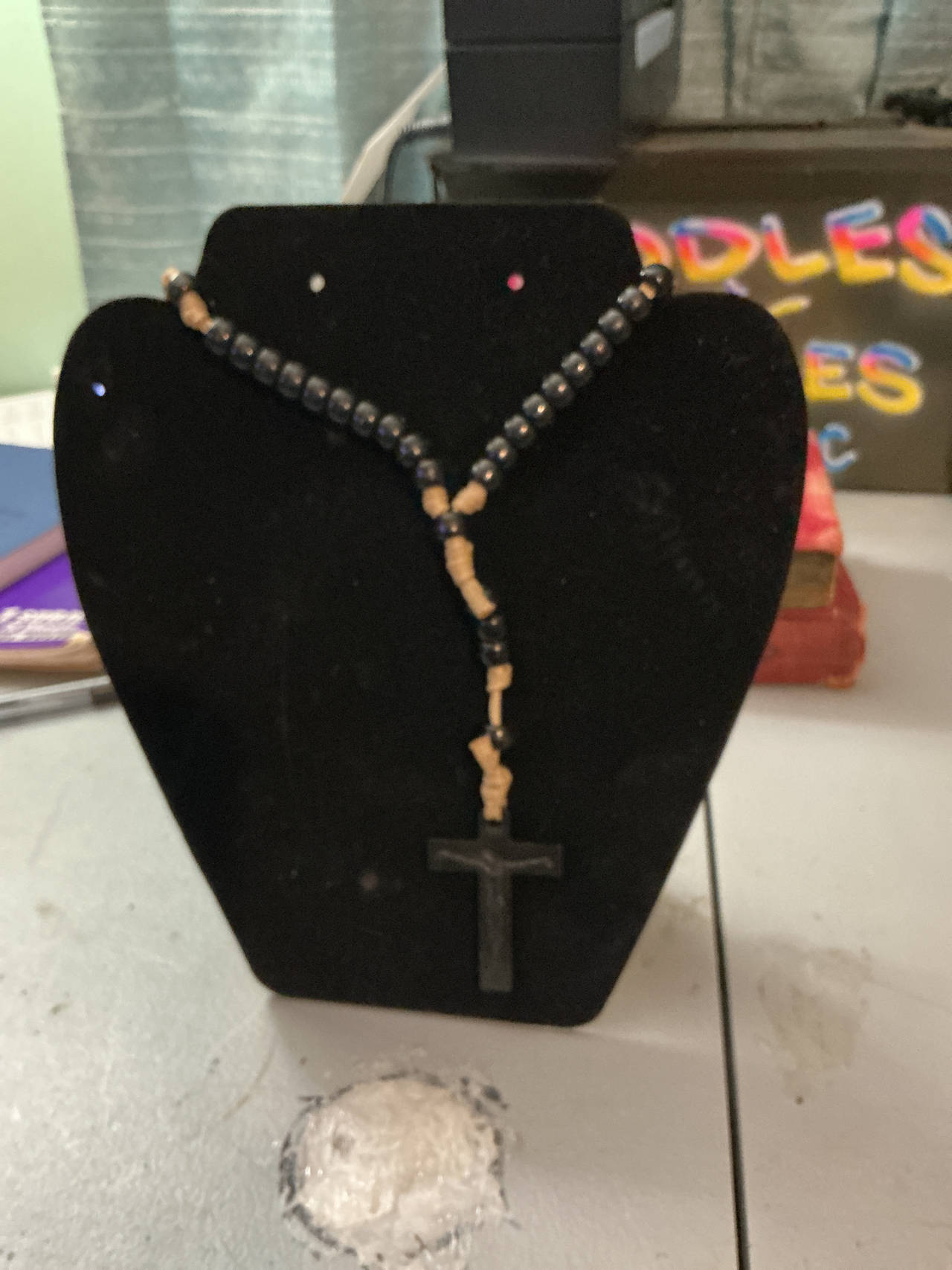 Wooden Rosary Necklace with Black Beads
