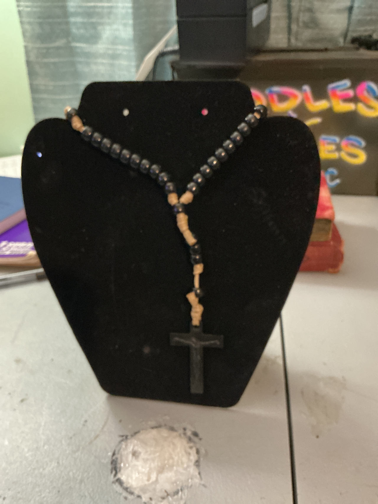 Wooden Rosary Necklace with Black Beads