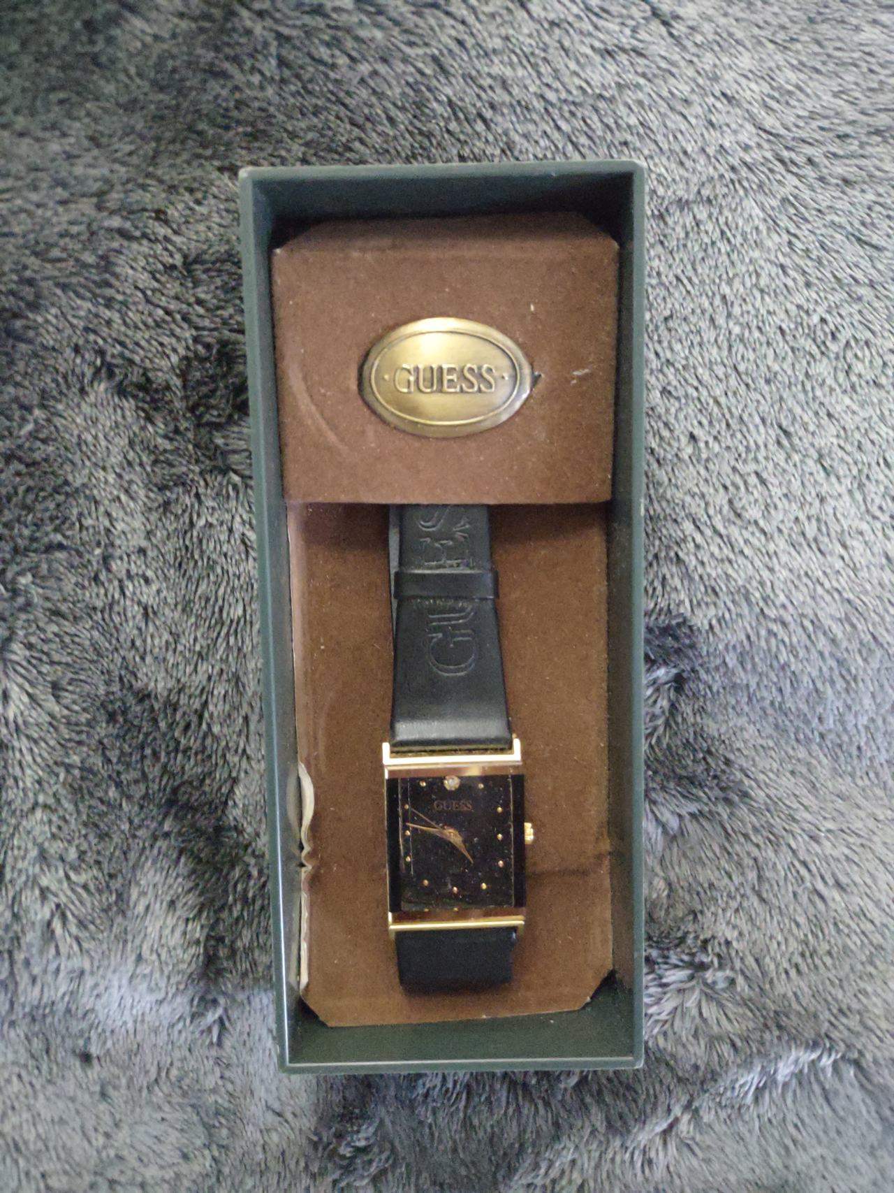 Guess Vintage Rectangular Gold Tone Watch with Black Leather Strap