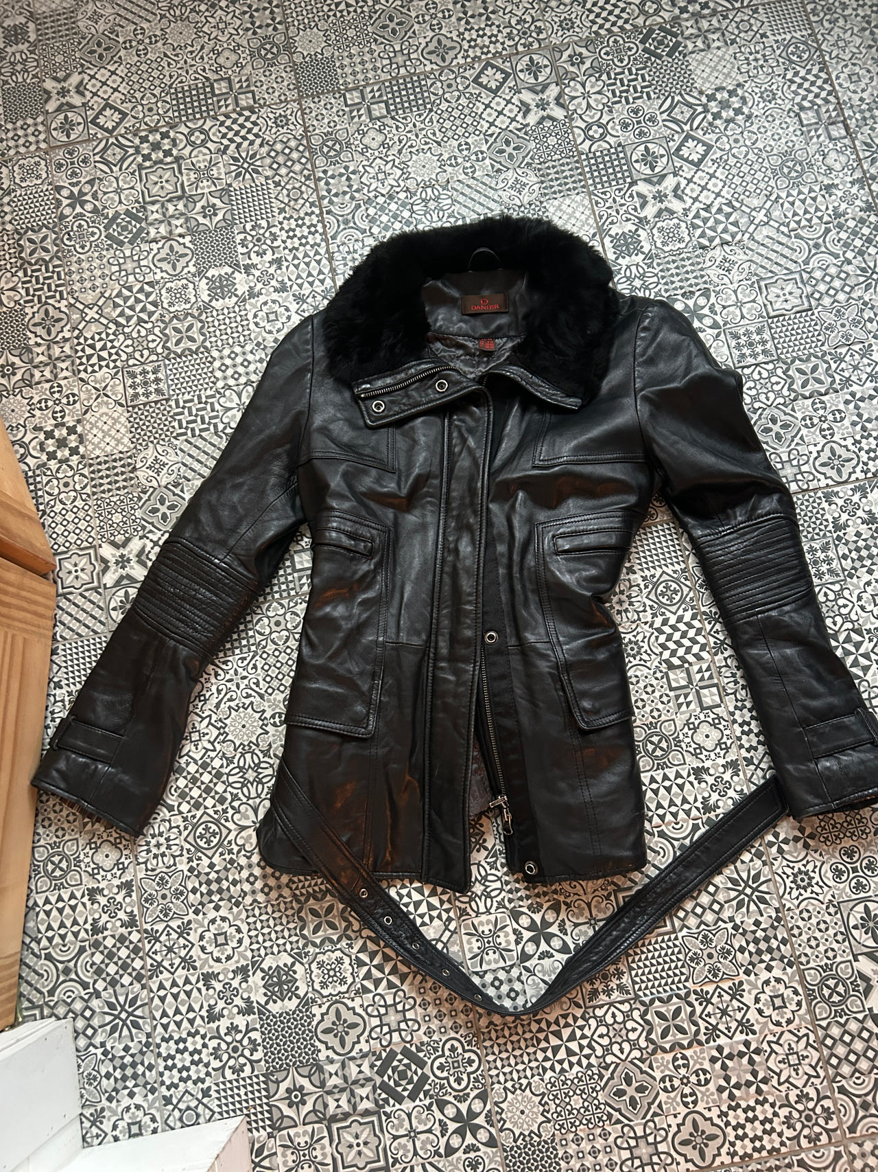 Women's Black Leather Jacket with Faux Fur Collar