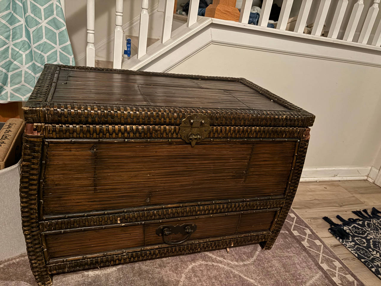 Vintage Chinoiserie Bamboo & Rattan Storage Trunk / Blanket Chest with Drawer