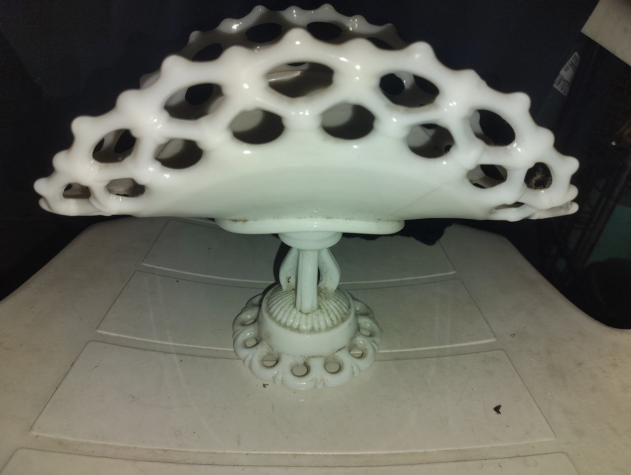 Fenton Milk Glass Open Lace Edge Compote Dish