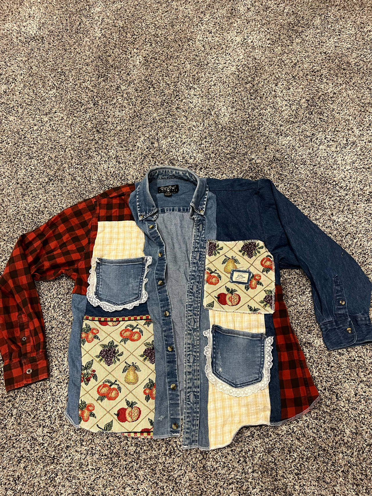Custom Patchwork Flannel and Denim Shirt picnic themed 