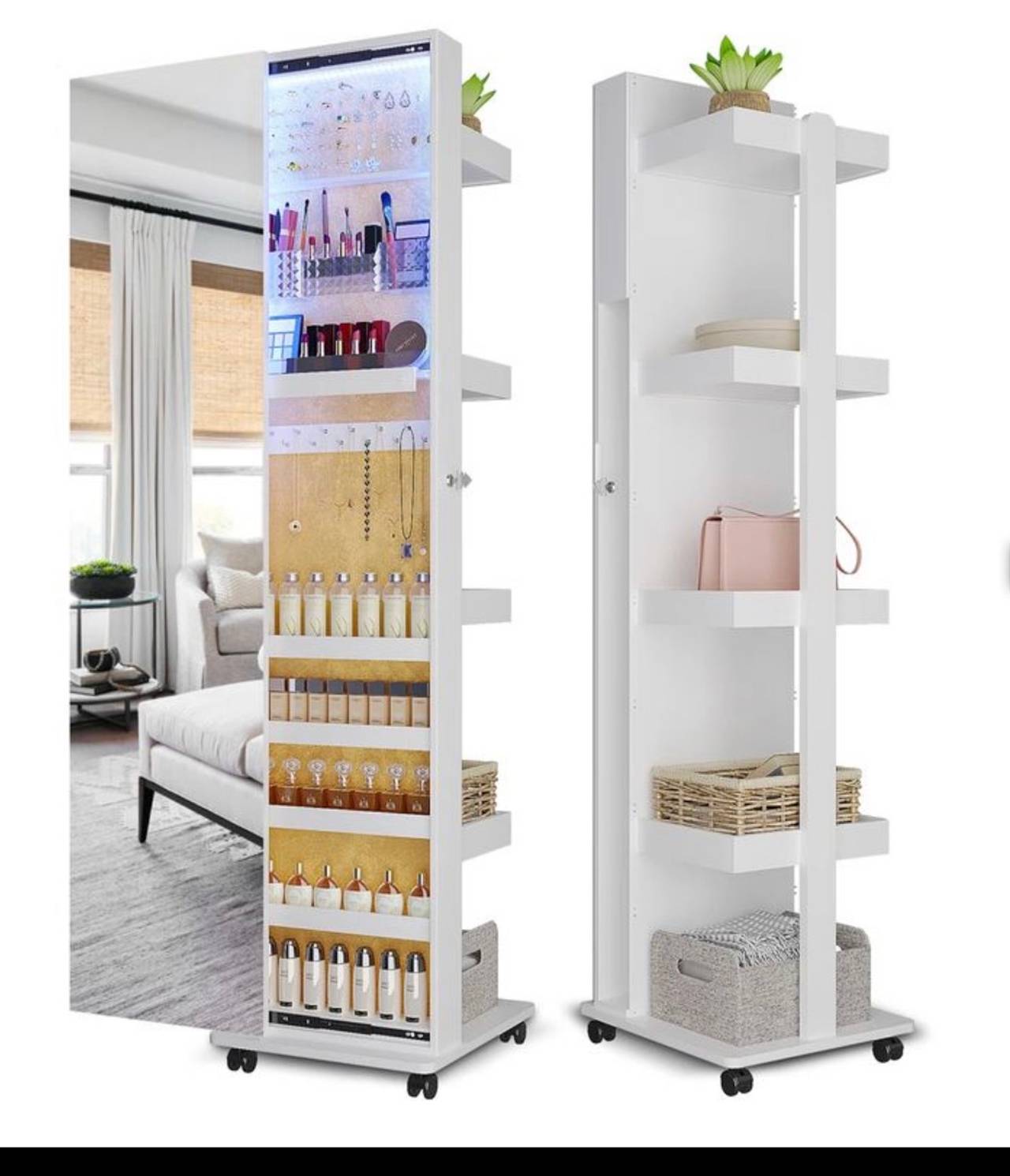 LUXFURNI Stella 8 Jewelry Cabinet Mirror with 360 Rotating Base