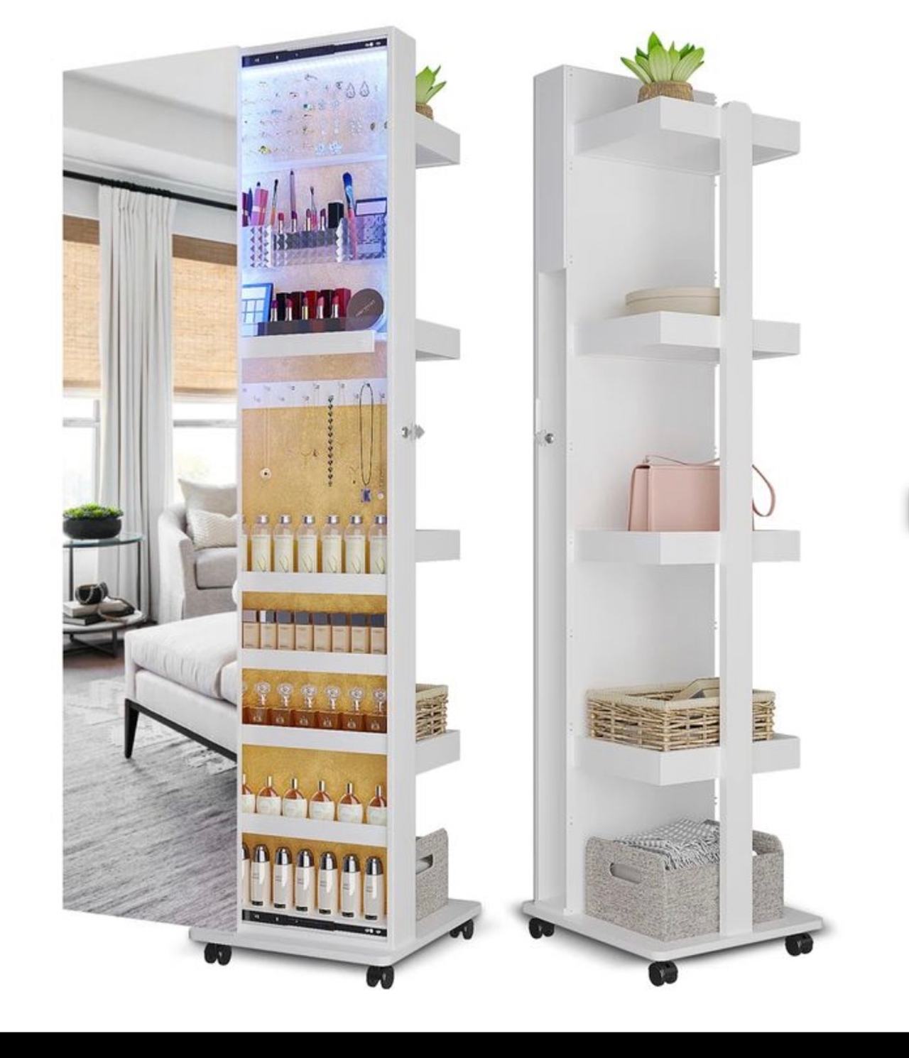 LUXFURNI Stella 8 Jewelry Cabinet Mirror with 360 Rotating Base