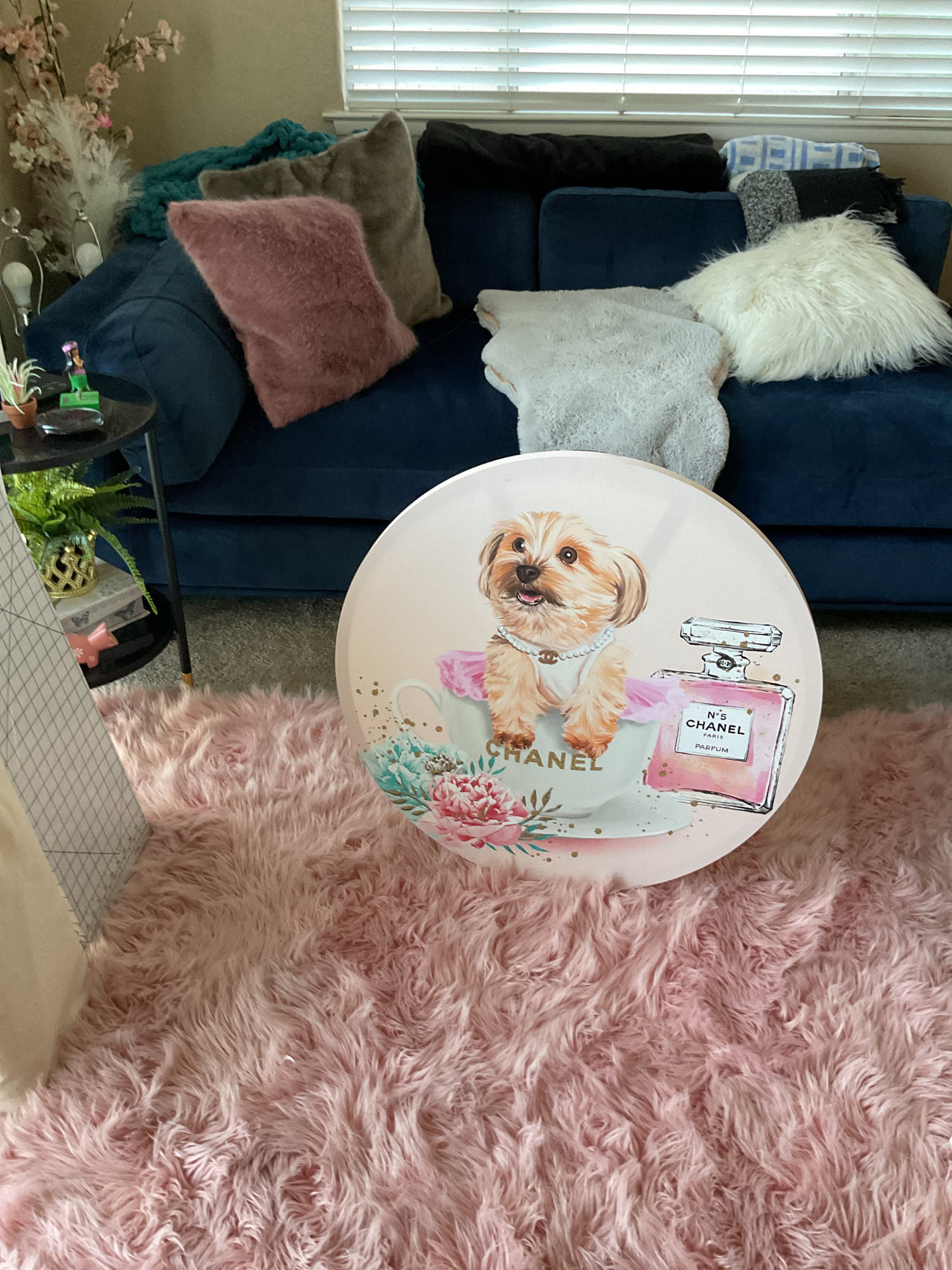 Decorative Round Wall Art with Dog and Chanel Perfume Print