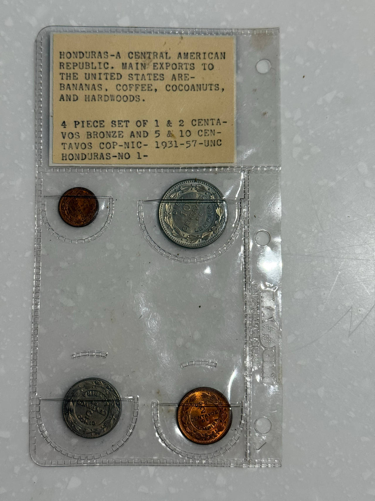 Honduras 4 Piece Coin Set 1, 2, 5, 10 Centavos 1931-1957 UNC