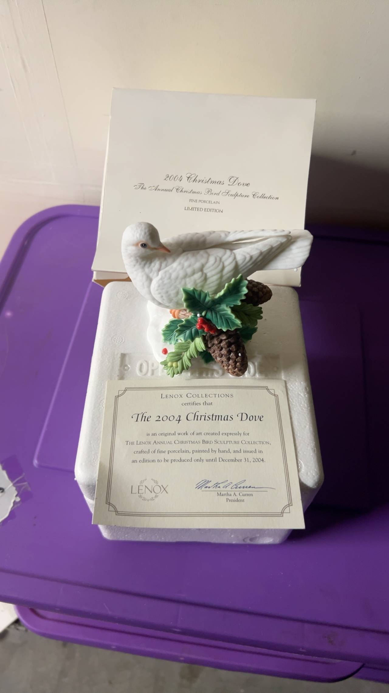 Lenox collections certifies that the 2004 Christmas Dove Porcelain Figurine